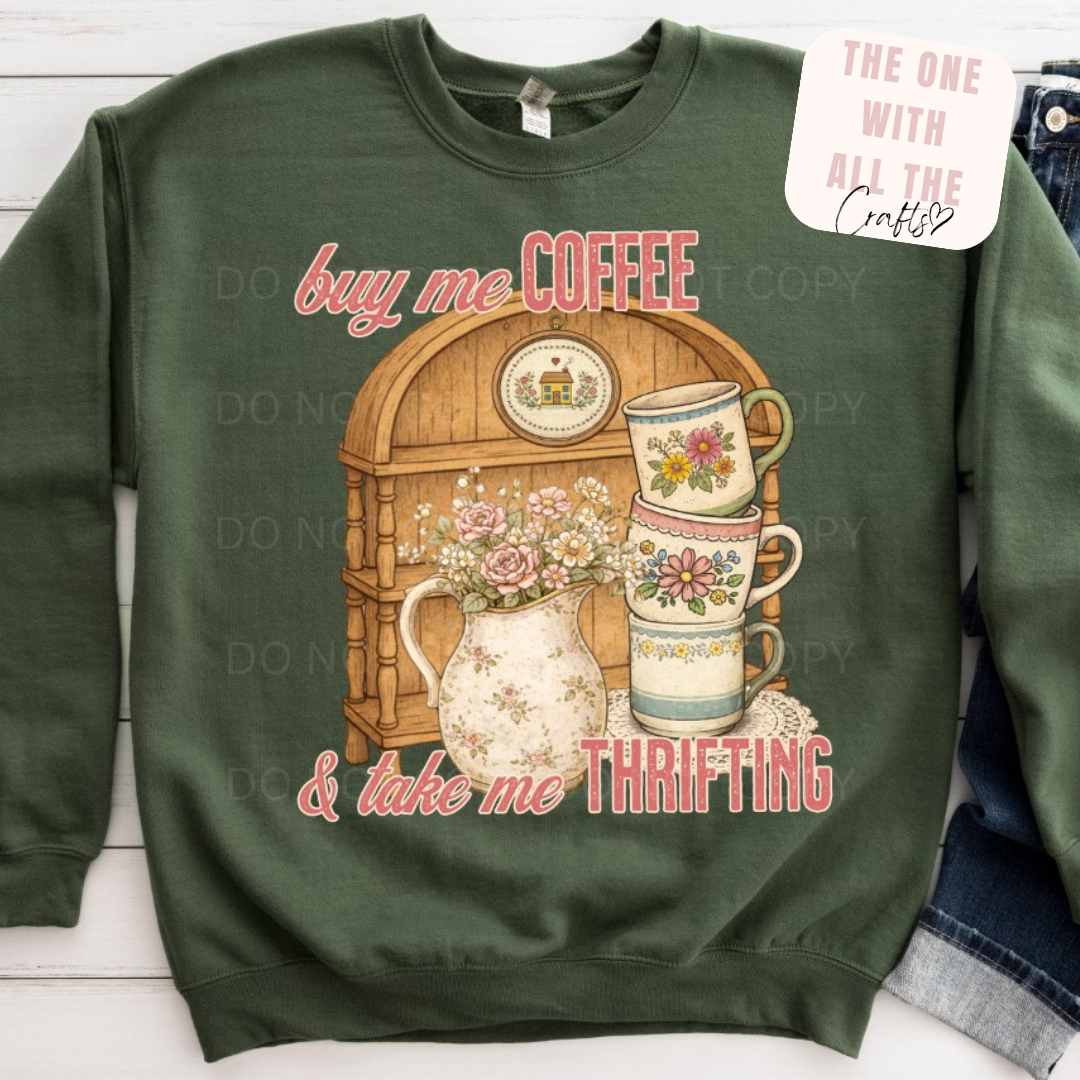 Green sweatshirt with a graphic design of coffee cups, flowers, and text on a white background