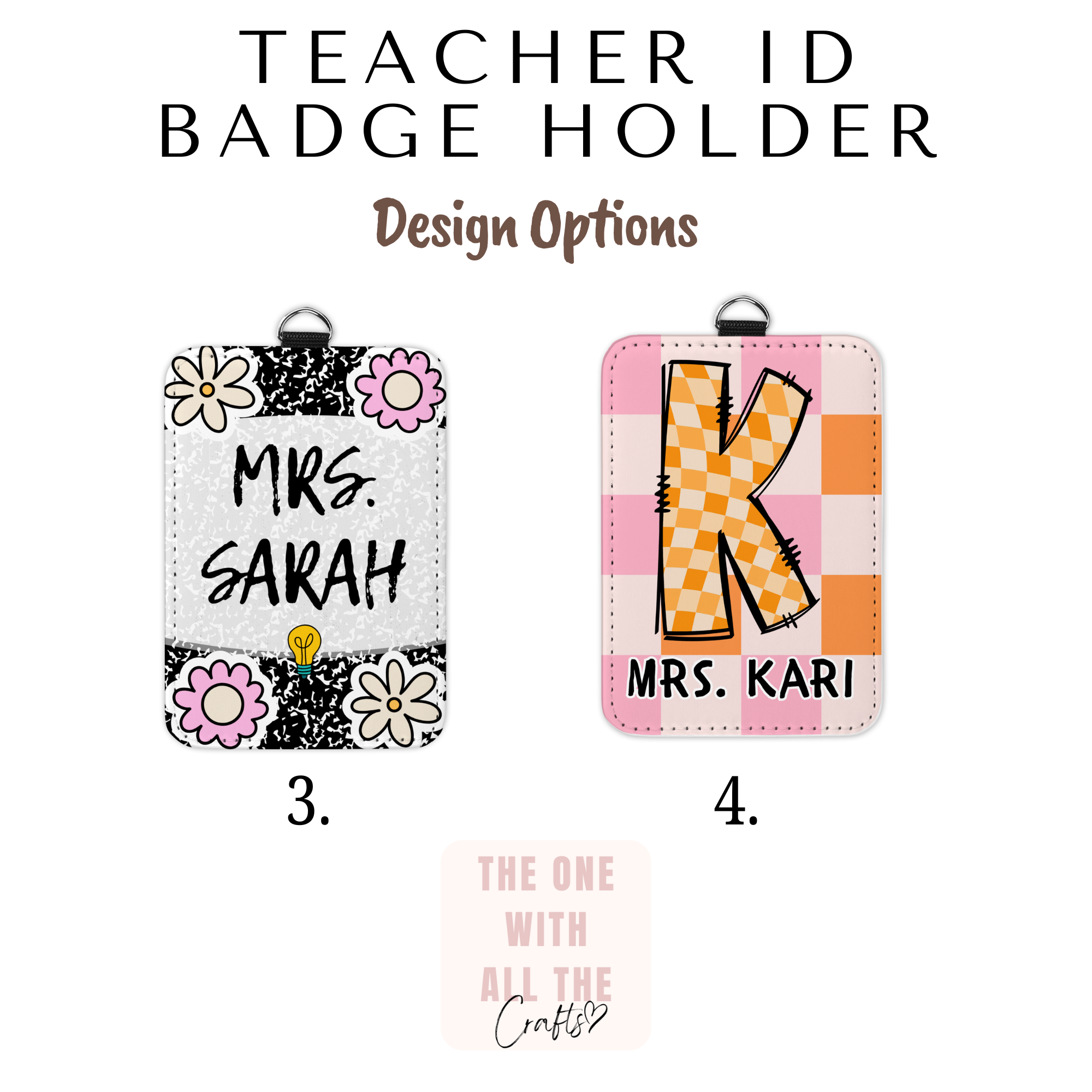 Two teacher ID badge holders with different designs on a white background.