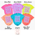 Neon-colored t-shirts with 'The power is in the name of Jesus' text on a white background.