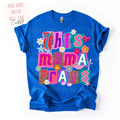 Blue t-shirt with colorful text design on a white background