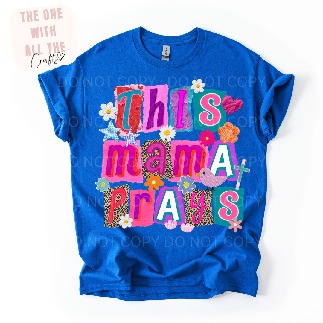 Blue t-shirt with colorful text design on a white background