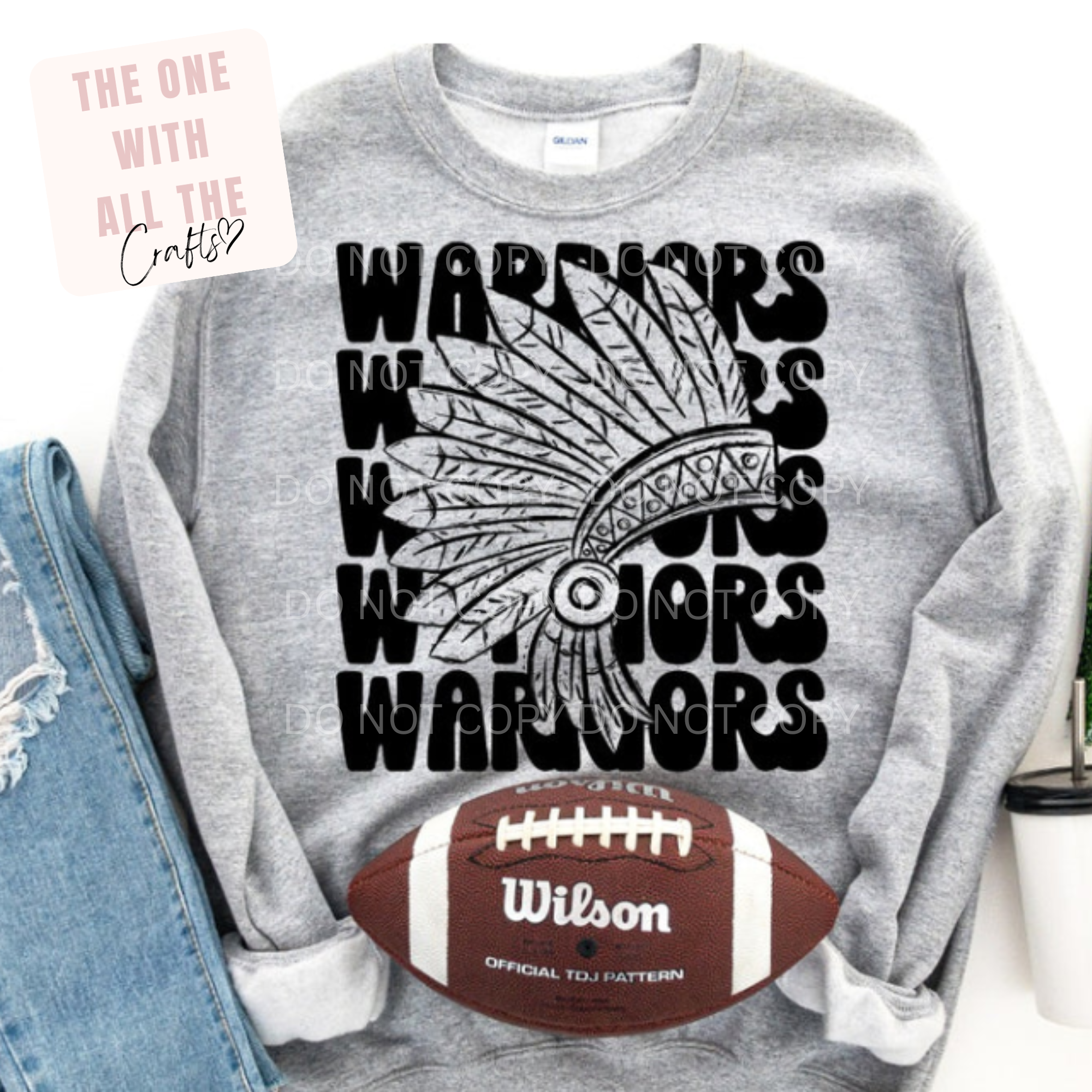 Gray sweatshirt with 'Warriors' text and feather design, next to a Wilson football.