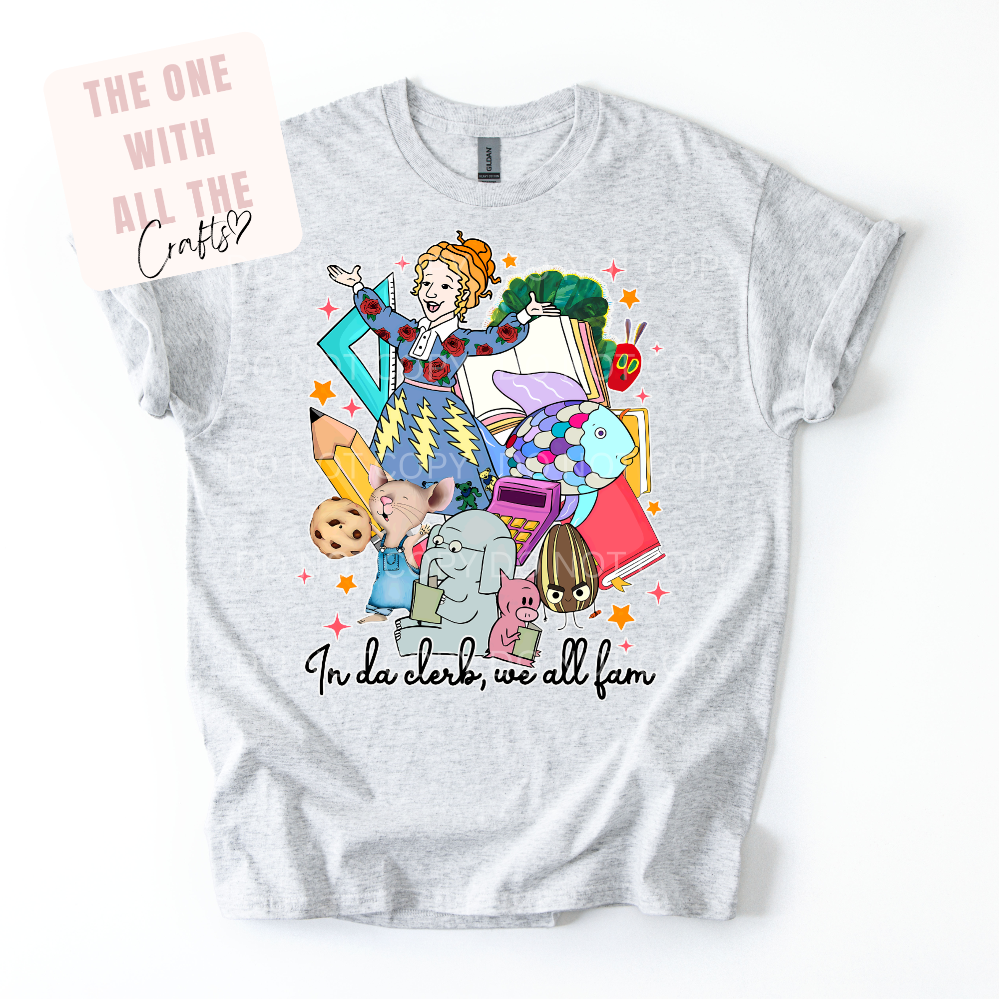 Gray t-shirt with colorful graphic design and text on a white background