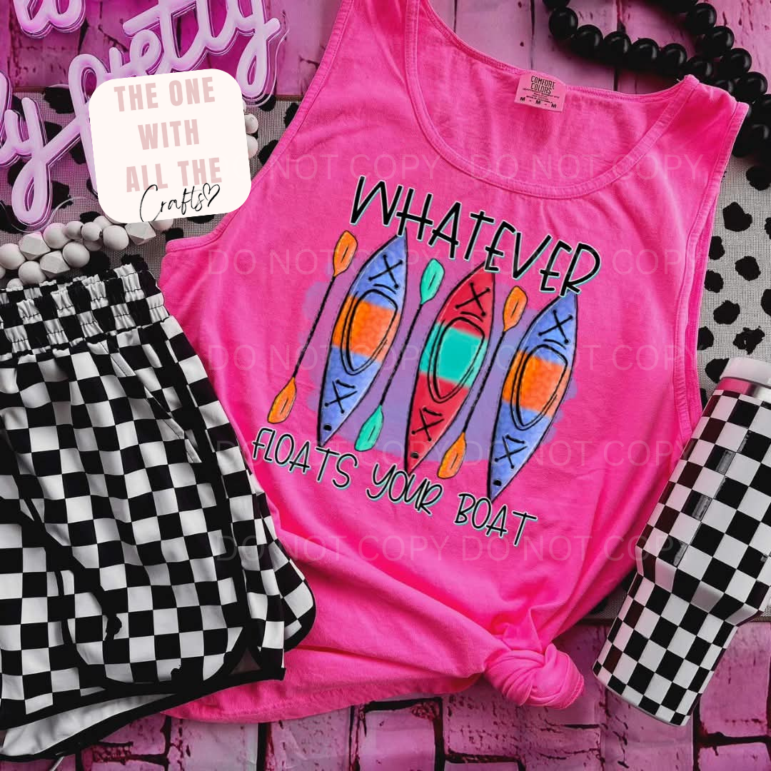 Pink tank top with colorful graphic and text 'Whatever Floats Your Boat' on a checkered background.