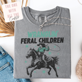 Gray t-shirt with graphic design and text 'Wrangling Feral Children' on a white background