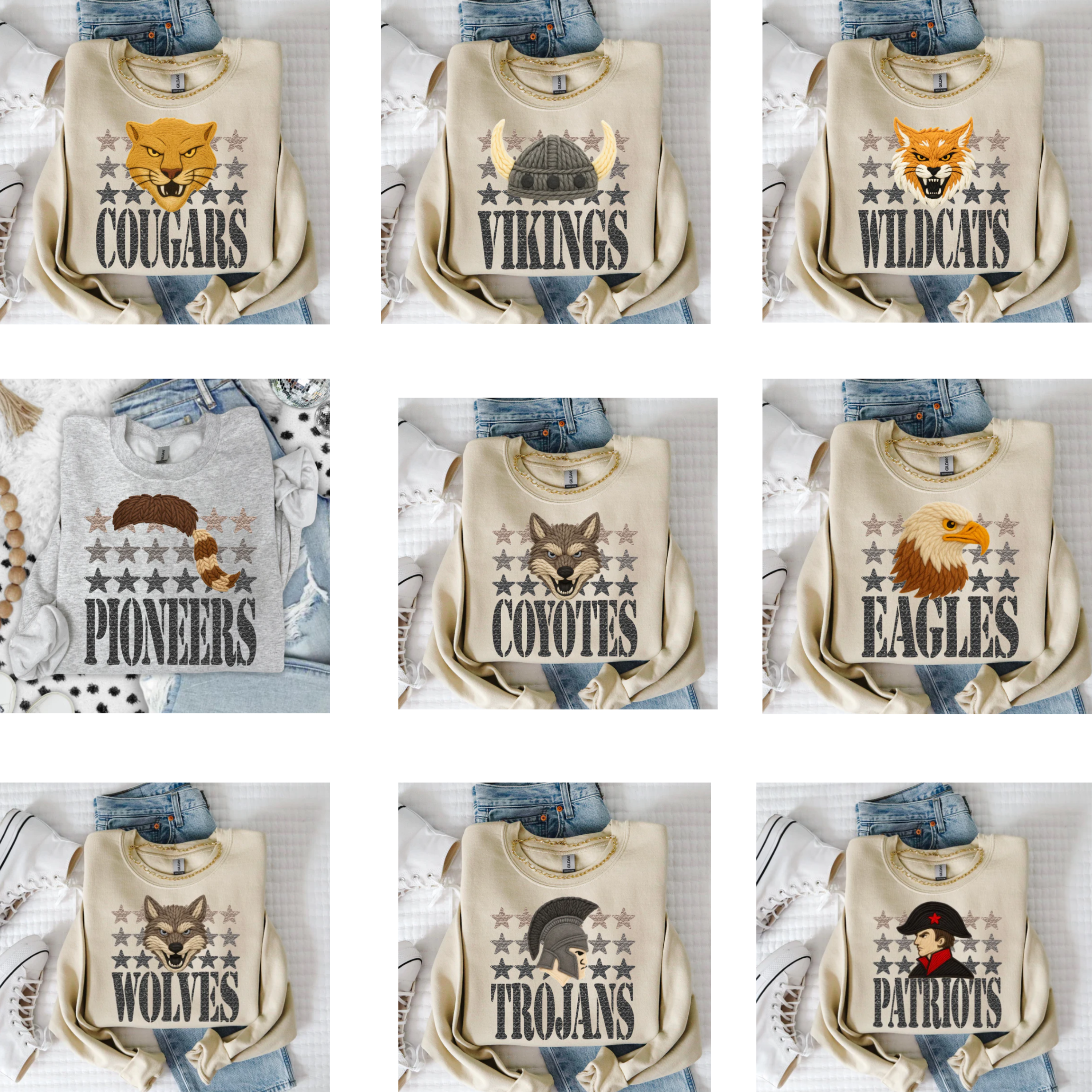 Collection of sweatshirts with various team names and logos displayed in a grid.