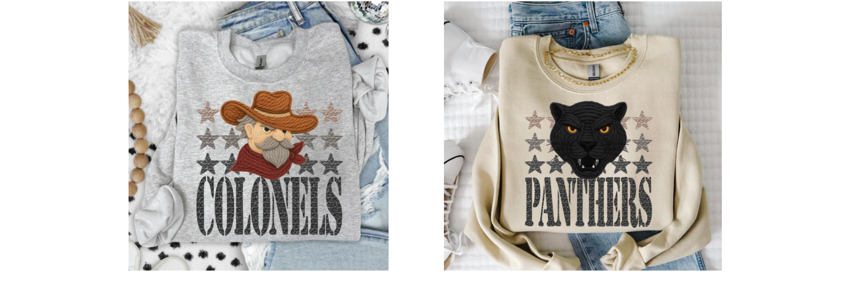 Two sweatshirts with animal-themed designs and text on a white background
