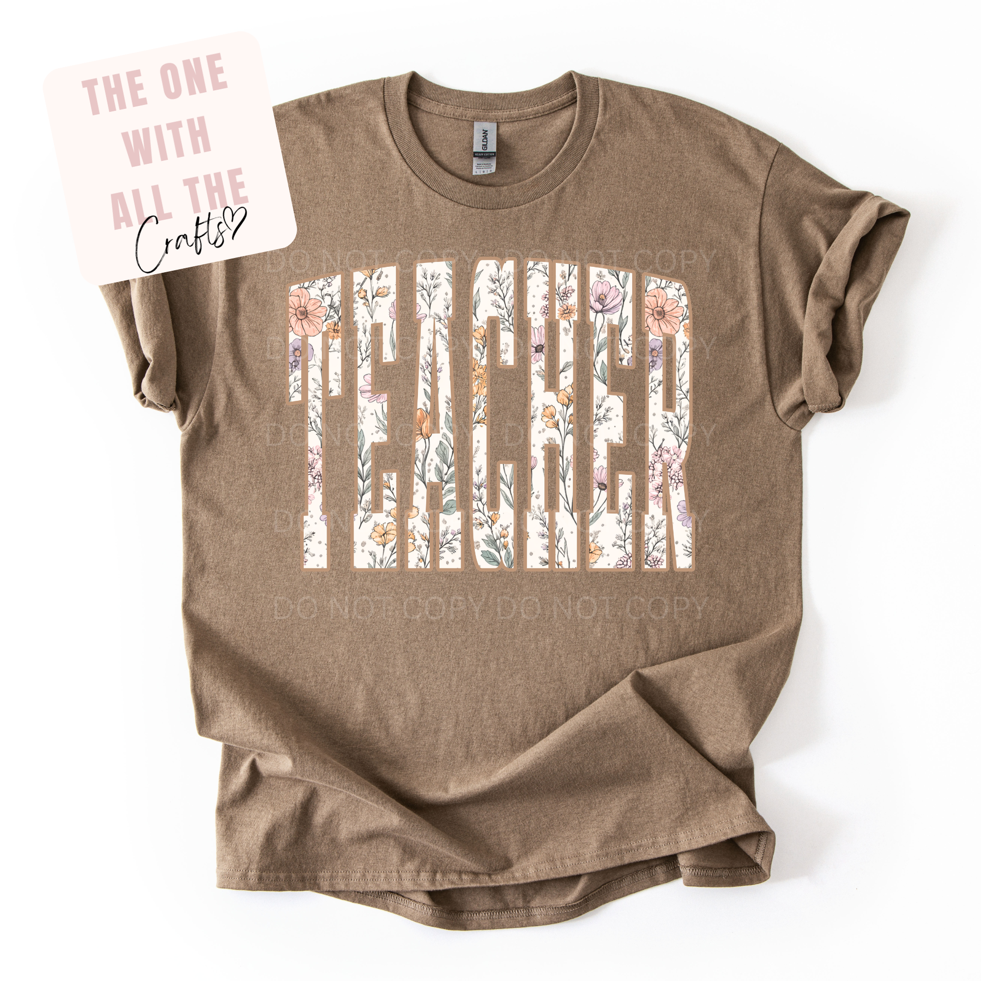 Brown t-shirt with 'Teacher' text and floral design on a white background
