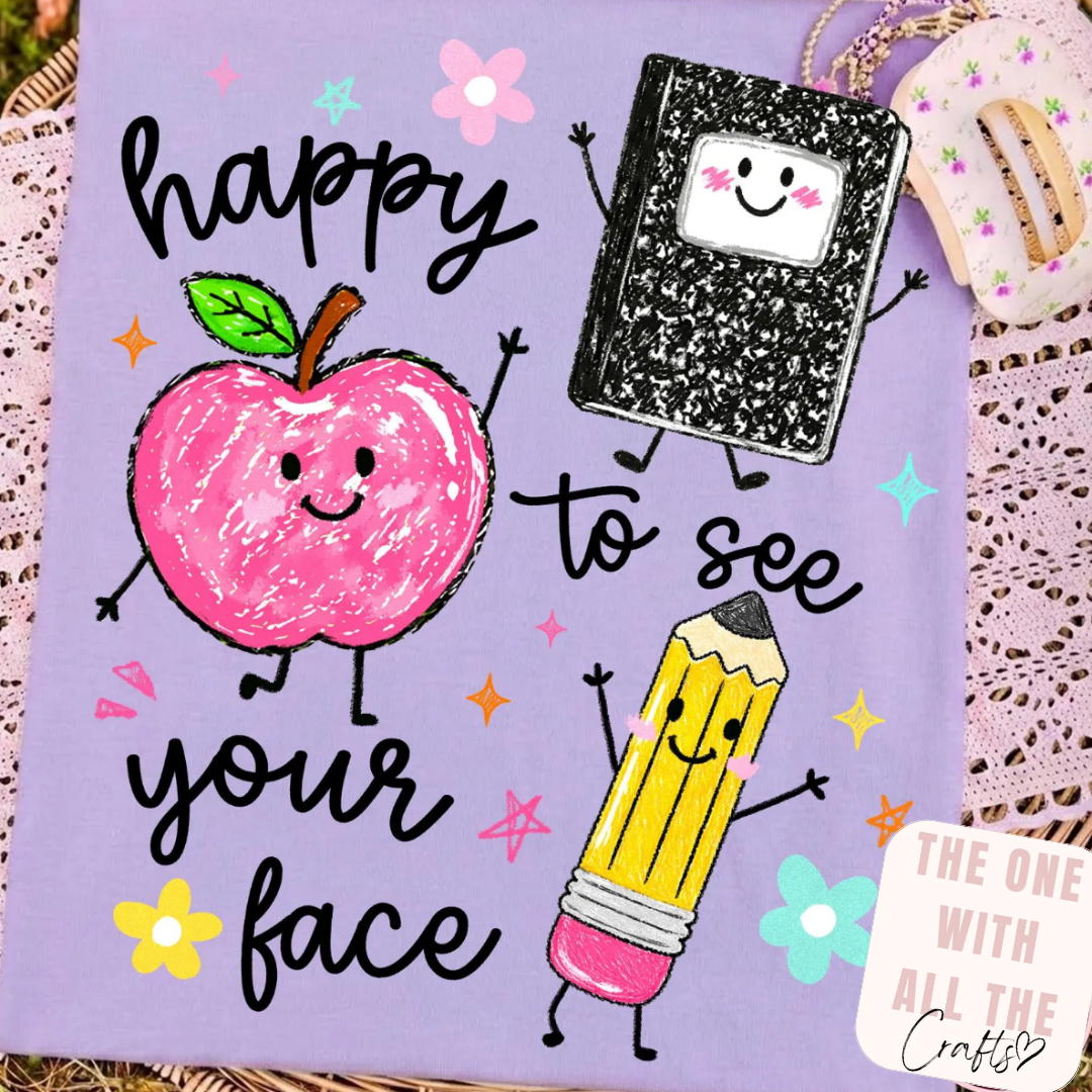 Cartoon apple, pencil, and notebook on a purple background with text 'happy to see your face'.