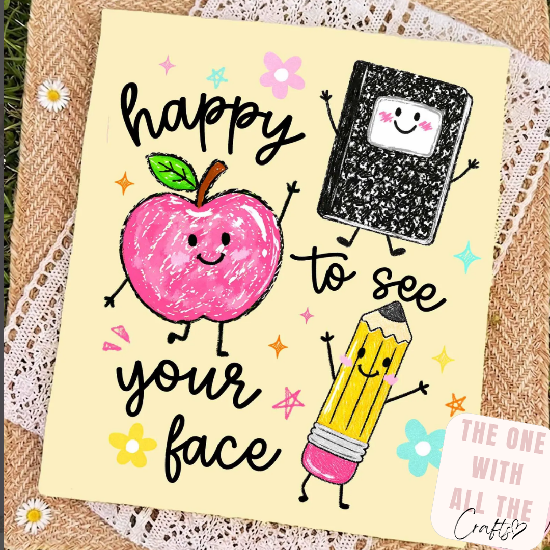 Illustration of a pink apple, black notebook, and yellow pencil with text 'happy to see your face' on a yellow background.