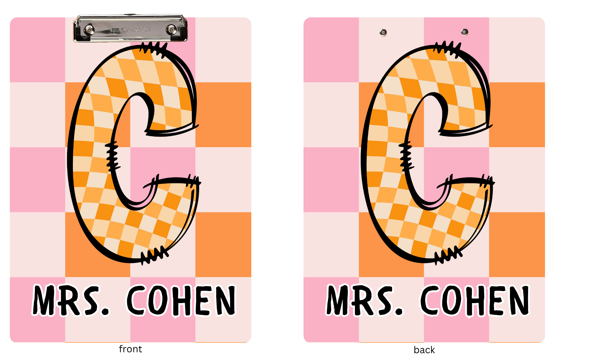 Two checkered clipboards with 'Mrs. Cohen' text on a pink and orange checkered background.