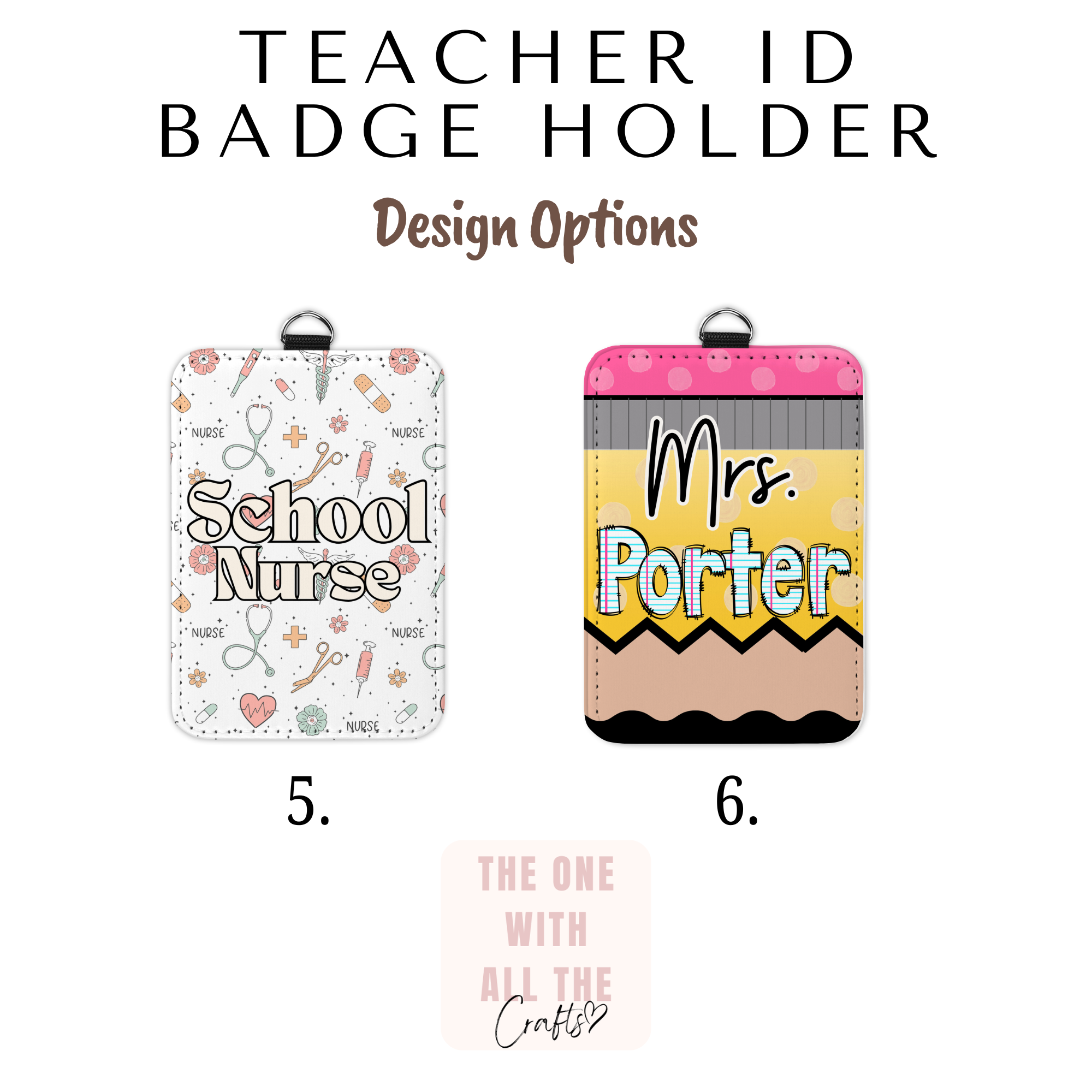 Two teacher ID badge holders with different designs on a white background.