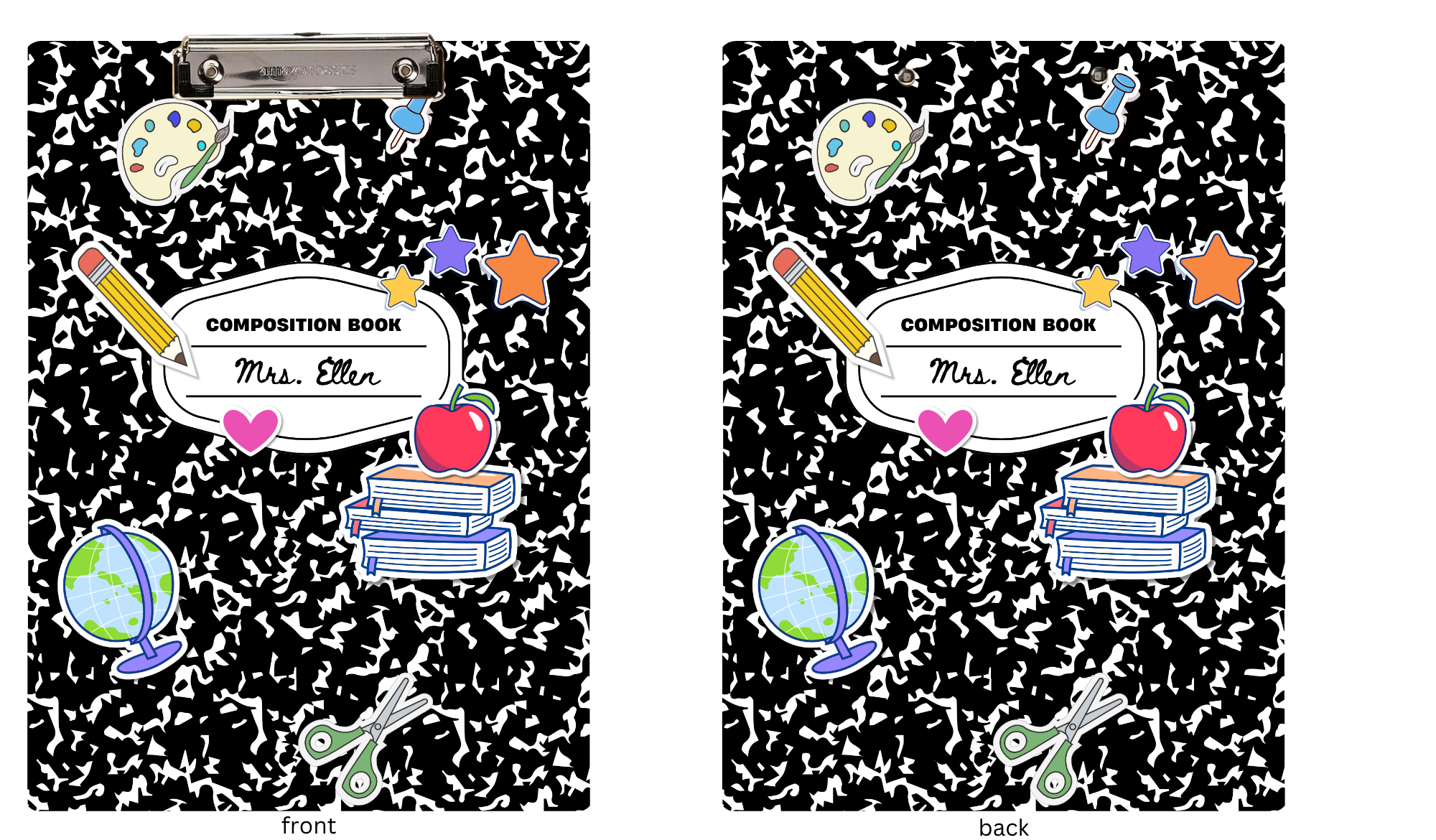 Two views of a composition book with educational-themed design on a black background.