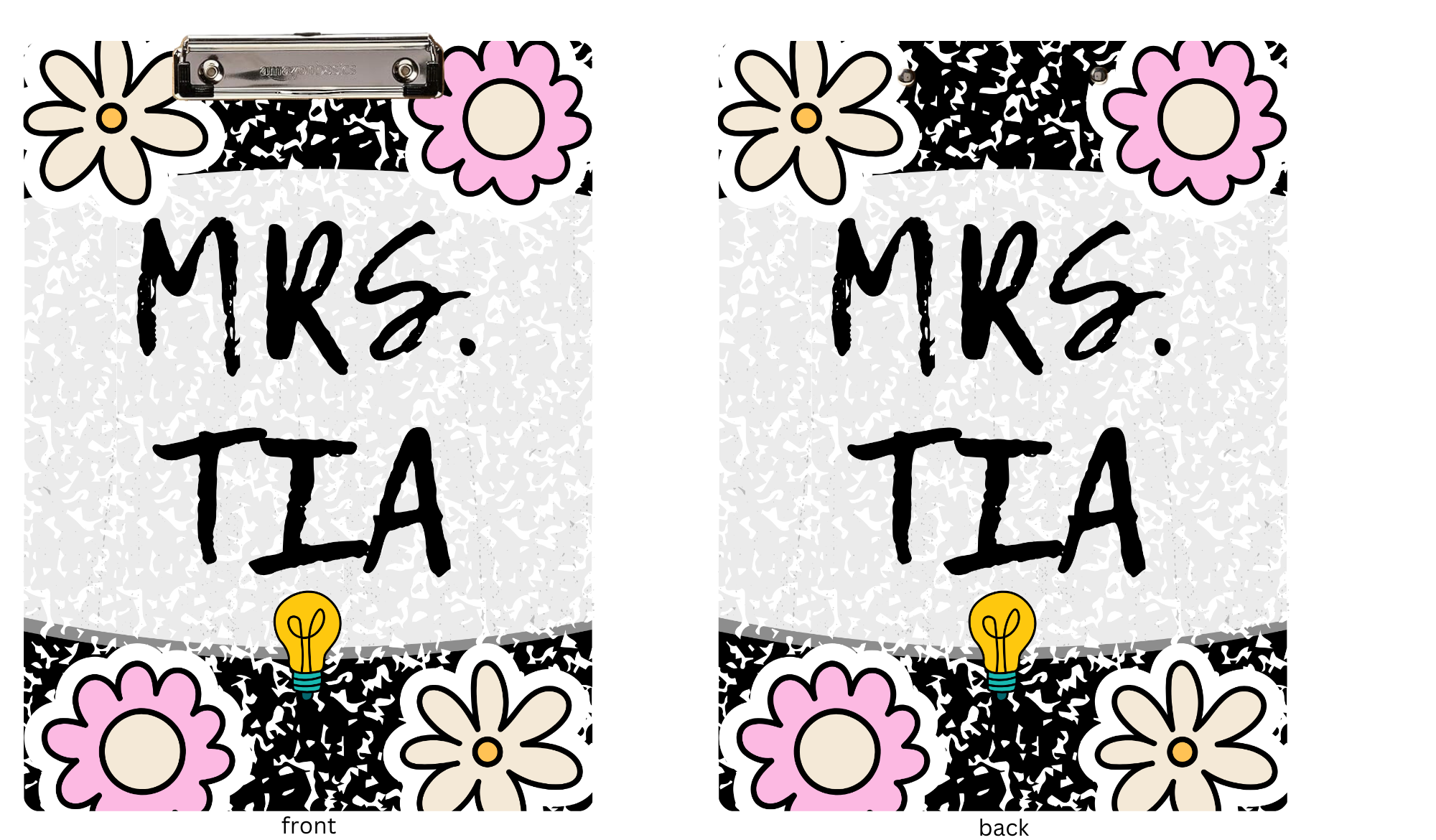 Two views of a clipboard with 'MRS. TIA' text and floral designs.