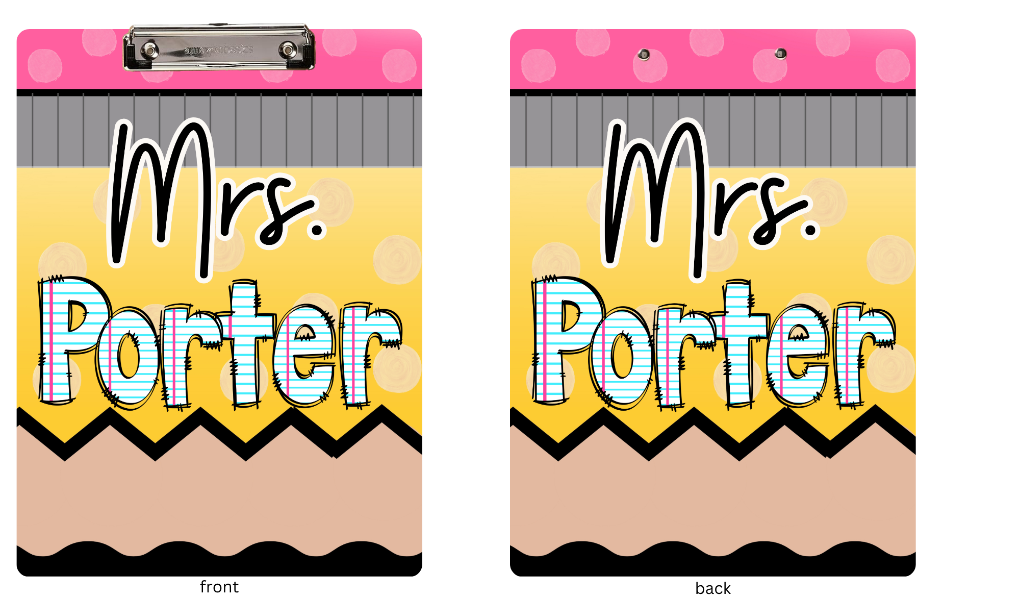 Two teacher clipboards with 'Mrs. Porter' text on a colorful patterned background