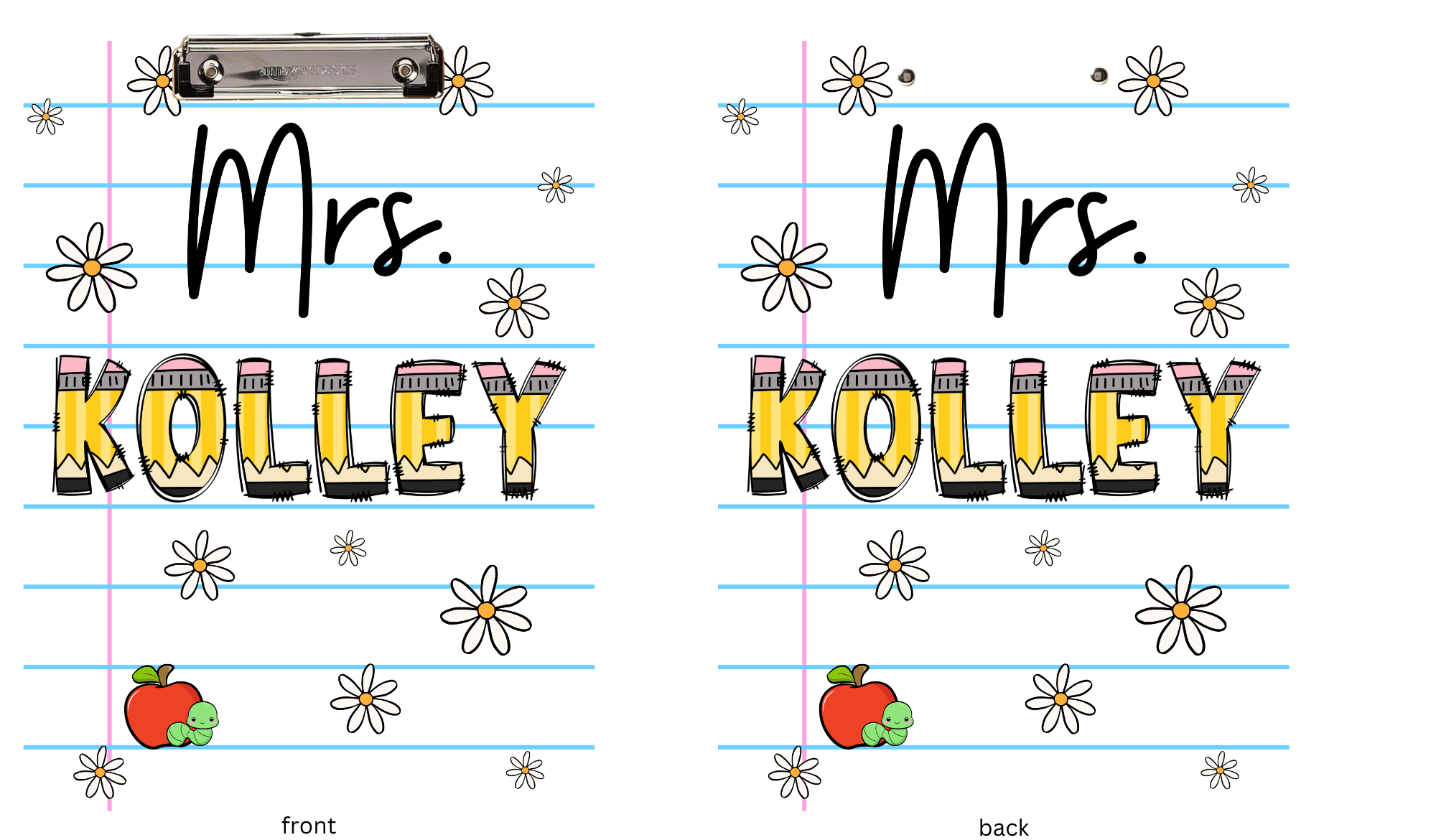 Two versions of a nameplate with 'Mrs. Kolley' on a lined paper background clipboard with flowers and apples.