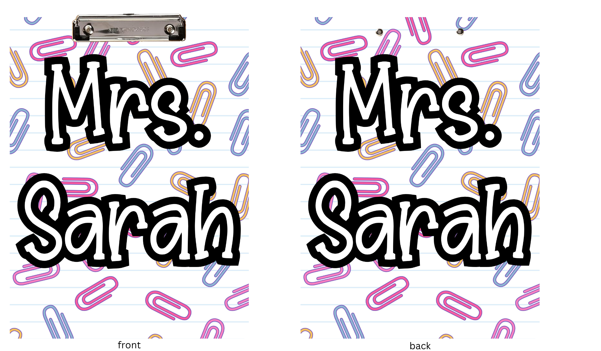Two clipboard covers with 'Mrs. Sarah' text on a colorful paper clip pattern.