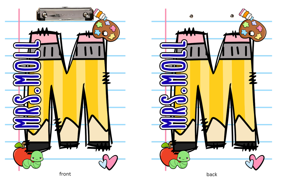 Two pencil-themed designs with 'MRS. MOLL' on a lined paper background.