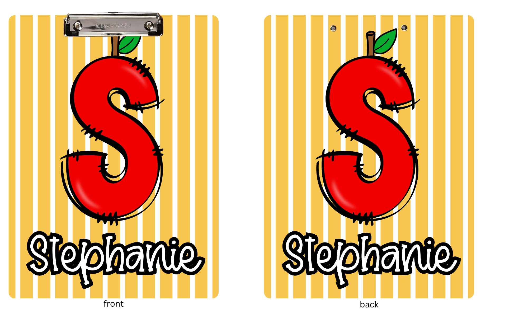 Two clipboards with red letters 'S' and names 'Stephanie' on a yellow striped background