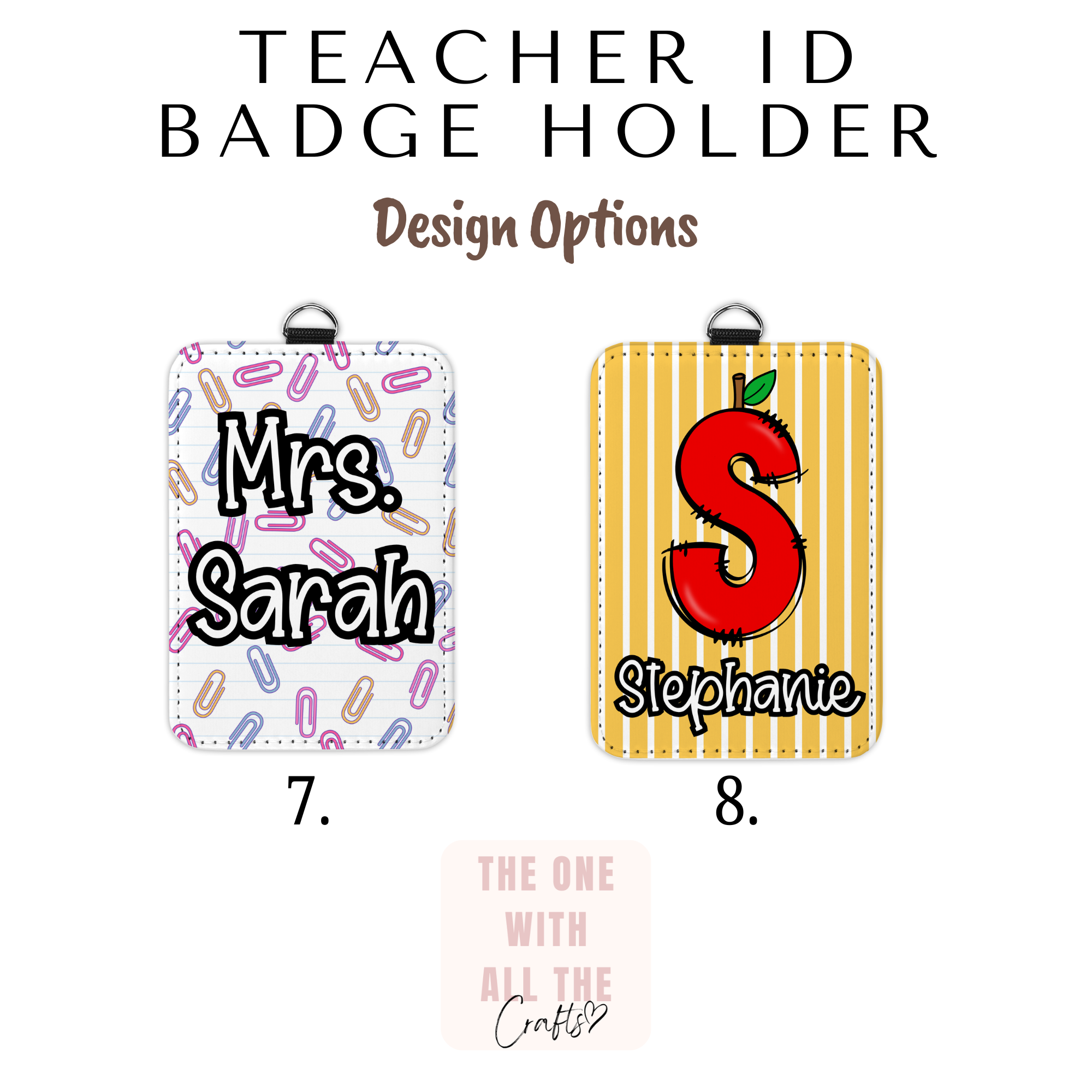 Two teacher ID badge holders with different designs on a white background.