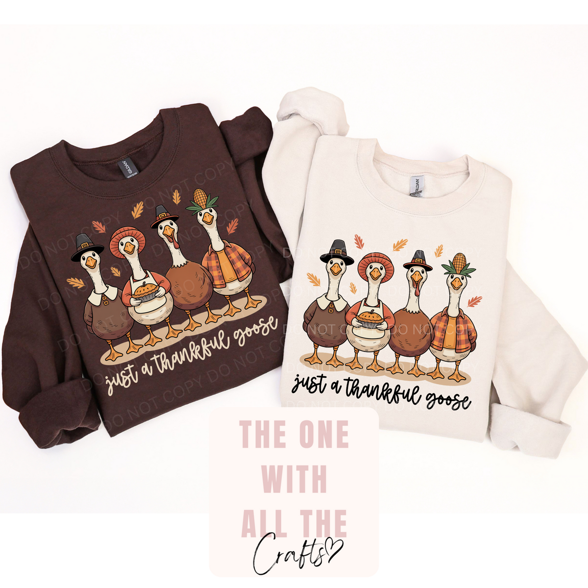 Two long-sleeve crewneck sweatshirts laid flat on a white background. The left sweatshirt is dark brown with a graphic of four turkeys and the text 'just a thankful goose'.